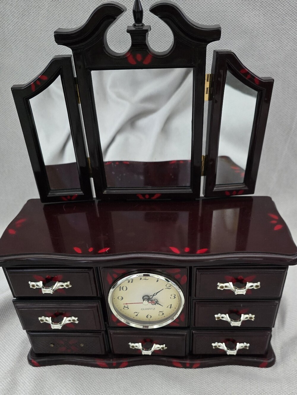 Vintage Musical Mini Vanity Dresser Jewelry Box Clock Tri Fold Mirror 7 Drawer